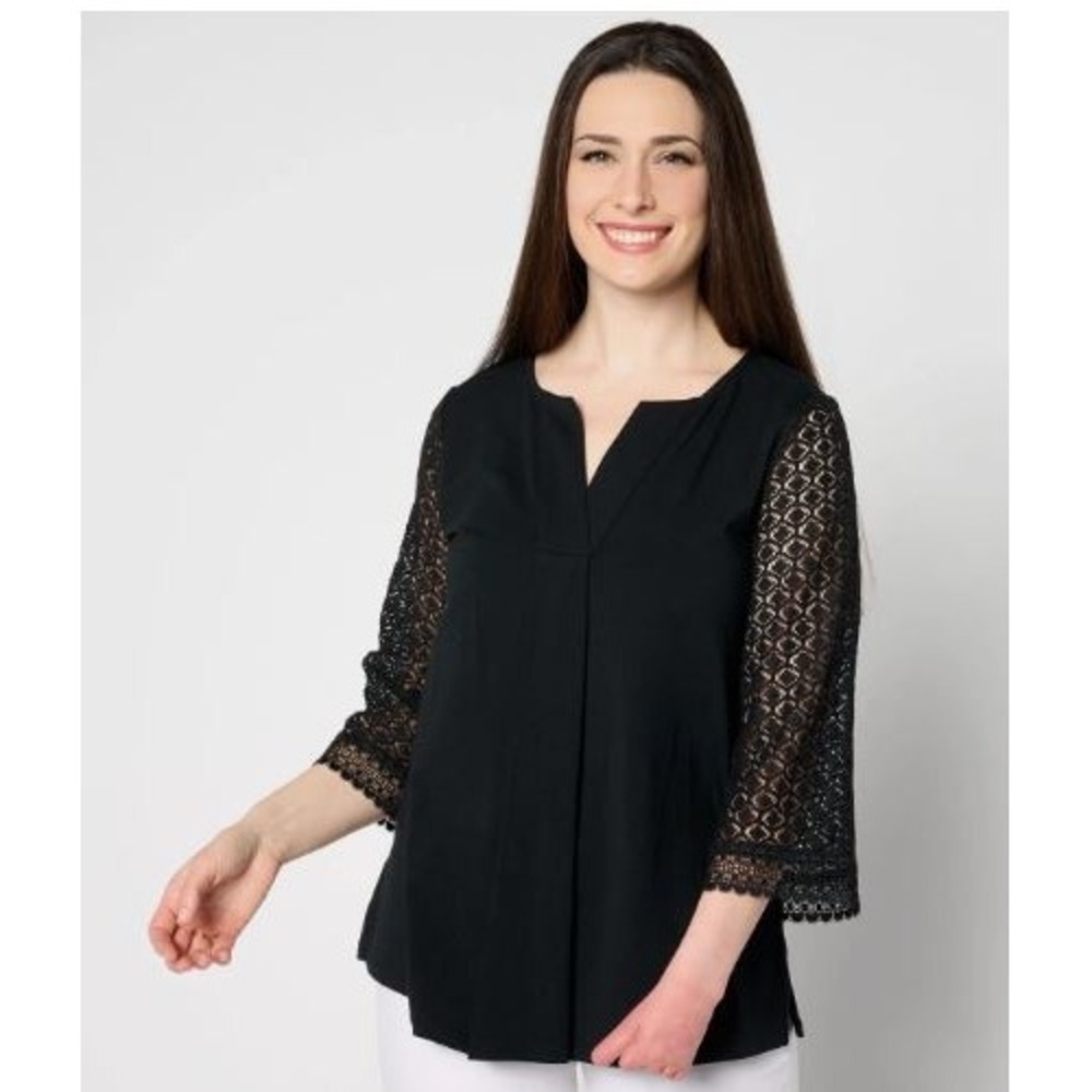 Isaac Mizrahi Live! Plus Sz 1X Top Black Cotton Blend Split Neck 3/4 Lace Sleeve